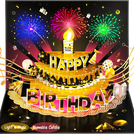 3D Pop-Up Birthday Card for Men, LED Lights, Music, Balloons & Blowable Candle