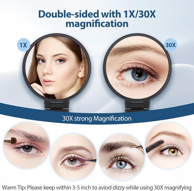 30X Magnifying Hand Mirror – Double-Sided, Foldable Makeup Mirror with Handle