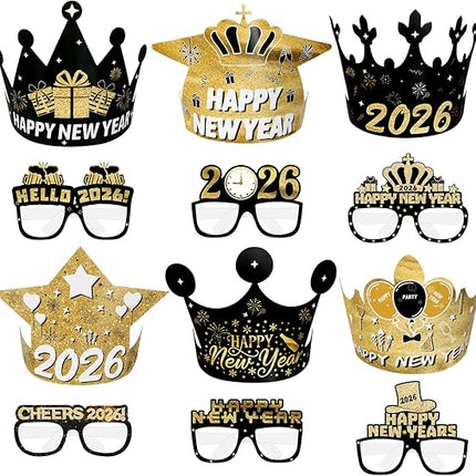 12 PCS Happy New Year 2026 Party Supplies Hats Crowns & Eyeglasses