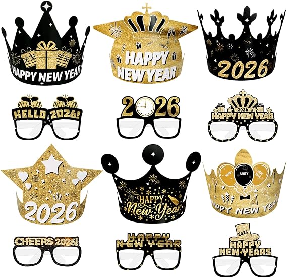 12 PCS Happy New Year 2026 Party Supplies Hats Crowns & Eyeglasses