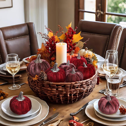Burgundy Velvet Pumpkins Set of 12, Autumn Table Centerpiece & Harvest Decor