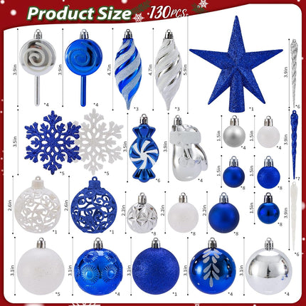 130PCS Blue Christmas Balls – Shatterproof Ornaments for Tree & Wreaths