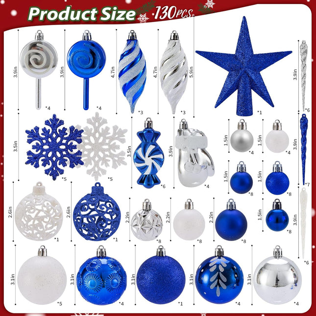 130PCS Blue Christmas Balls – Shatterproof Ornaments for Tree & Wreaths