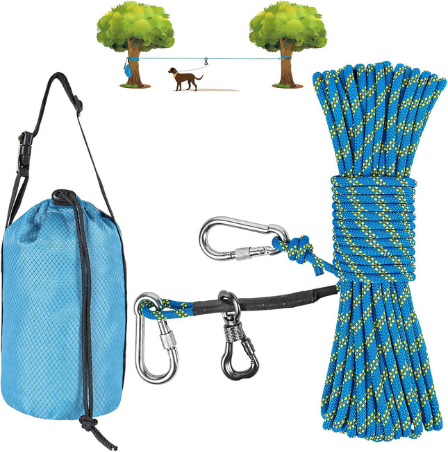 50ft Dog Tie-Out Cable Overhead Trolley System, Reflective Camping Lead, Blue