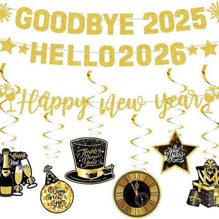 Happy New Year Banner Goodbye 2025 Hello 2026 Gold Glitter Party Decor