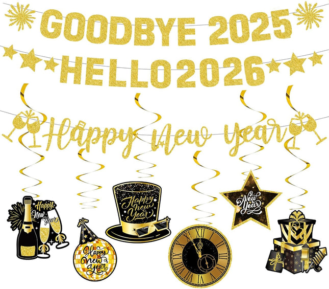 Happy New Year Banner Goodbye 2025 Hello 2026 Gold Glitter Party Decor
