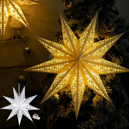 Christmas Star Paper Lantern – Lighted Hanging Paper Star with Fairy Lights for Indoor Holiday Decor