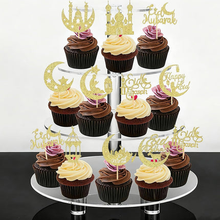 60PCS Eid Mubarak Cupcake Toppers Glitter Moon Star Ramadan Party Decor