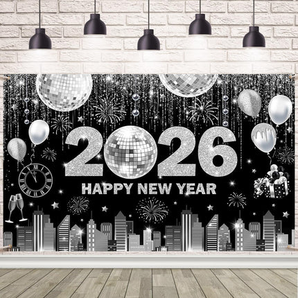 2026 Happy New Year Banner Black & Silver Backdrop 70.8x43.3" NYE Party
