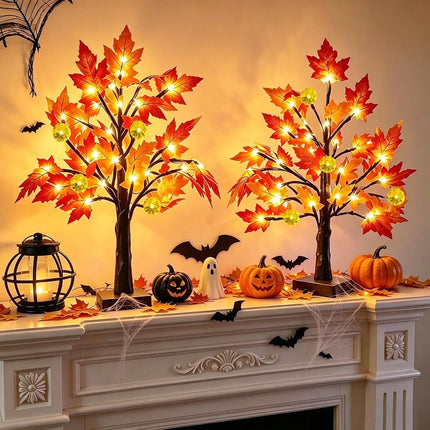 2-Pack 18in Pre-Lit Fall Maple Trees, 48 LEDs, Timer, Thanksgiving Table Decor
