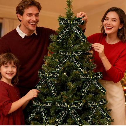 12 Pack Green Velvet Christmas Bows with Gold Merry Christmas Ornaments