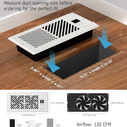 Quiet Smart Air Vent Fan for 4"x10" Registers, Remote & Thermostat