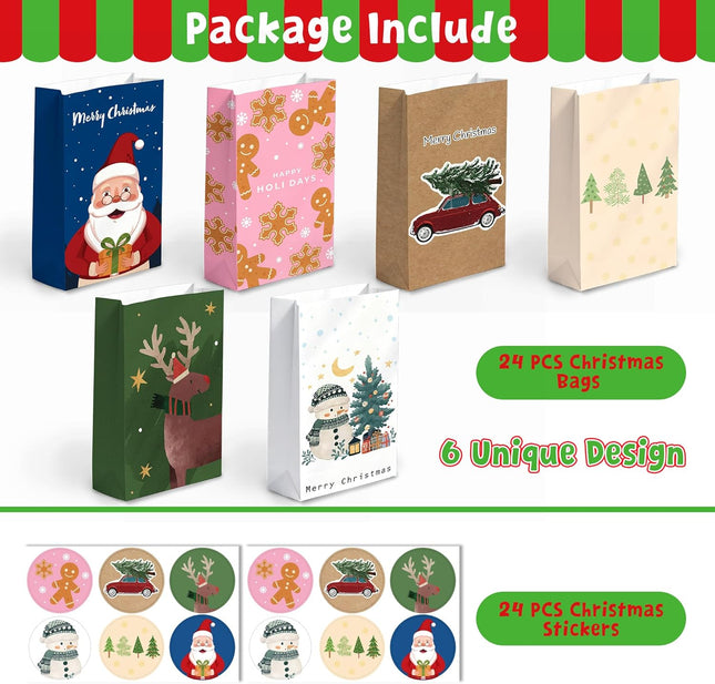 24PCS Christmas Treat Bags – Gift Bags with Stickers for Kids & Party