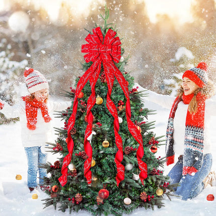 Christmas Tree Topper Bow – 52" x 13" Wreath Decoration with Letter Patterned Ribbon