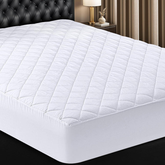 Queen Quilted Fitted Mattress Pad – Deep Pocket, Machine Washable, White