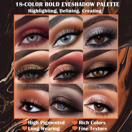 18 Color Matte Eyeshadow Palette, Pigmented Shimmer Glitter, Long Lasting Makeup