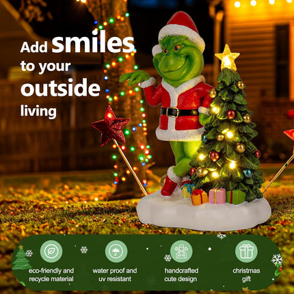 Green Monster Solar Garden Statue with Christmas Tree – Outdoor Figurine with 6 LED Lights