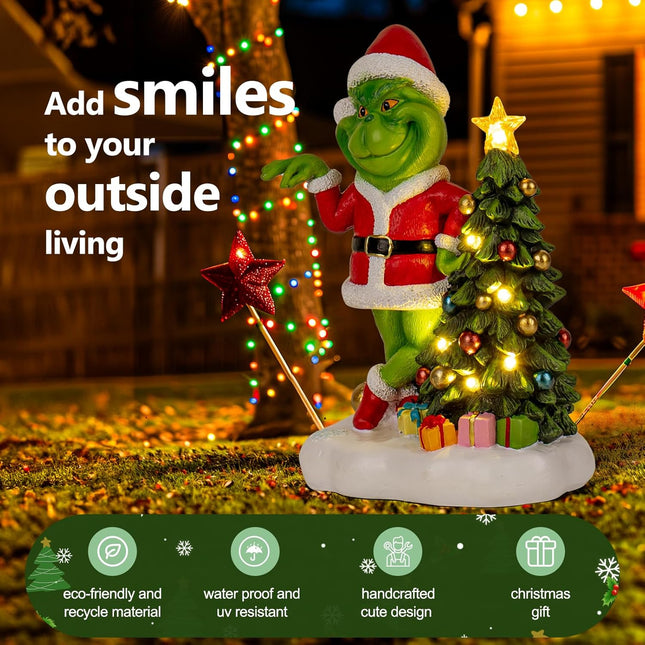 Green Monster Solar Garden Statue with Christmas Tree – Outdoor Figurine with 6 LED Lights