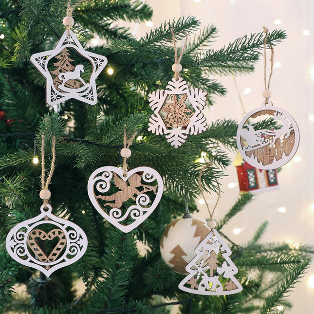 24Pcs Wooden Christmas Ornaments Rustic 3D Farmhouse Tree Decorations