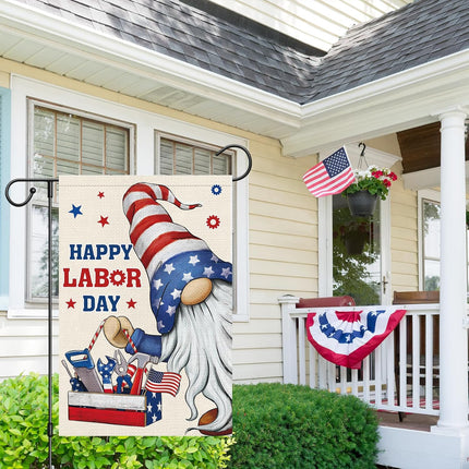 Happy Labor Day Gnome Garden Flag 12x18 Double Sided Burlap USA Flag Only