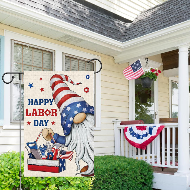 Happy Labor Day Gnome Garden Flag 12x18 Double Sided Burlap USA Flag Only