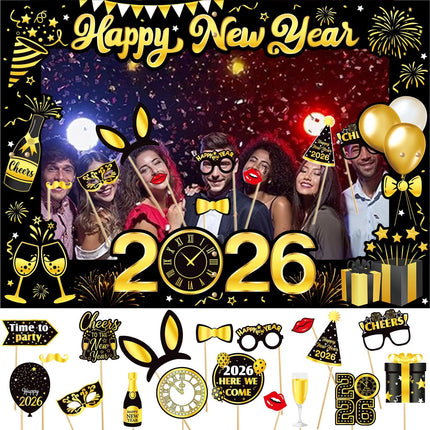 18-Pc 2026 NYE Photo Booth Props with Giant Happy New Year Selfie Frame