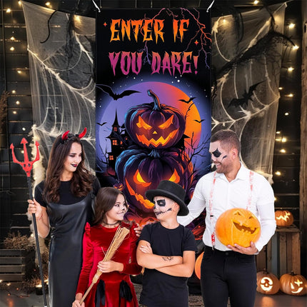 36x71in Halloween Pumpkin Door Cover Banner, Purple Scary Party Wall Window Decor