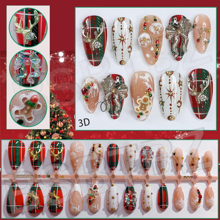 24PCS Christmas Fake Nails – Luxury Handmade Press-On Nails with 3D Bow, Elk & Rhinestone Charms