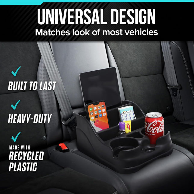 Small Center Console for Cars, Trucks & SUVs – Vehicle Organizer with Cup Holders (Black)
