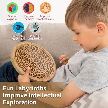 Round Wooden Labyrinth Board Game, Marble Maze Puzzle with 2 Metal Balls for Kids & Adults