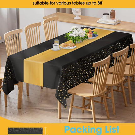 Party Tablecloth Set – 3 Table Covers + 3 Runners, Black & Gold Disposable