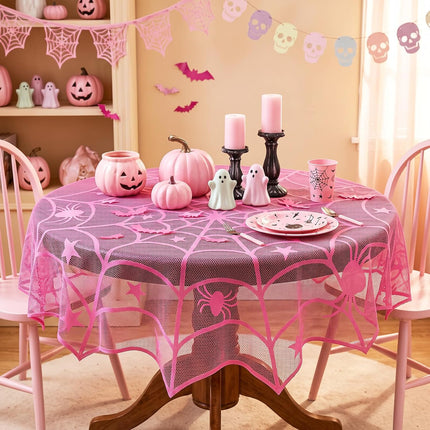 Pink Halloween Spider Tablecloth 40in, Sheer Fabric Dining & Picnic Party Decor