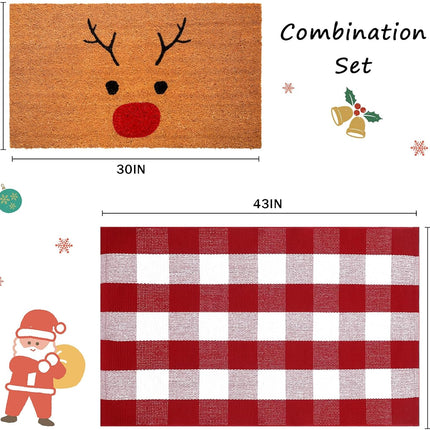 Christmas Door Mat Combo Set: 100% Coco Coir Welcome Mat + Red & White Plaid Rug