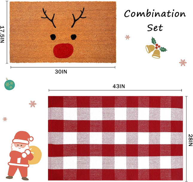 Christmas Door Mat Combo Set: 100% Coco Coir Welcome Mat + Red & White Plaid Rug