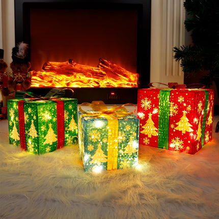 Christmas Lighted Gift Boxes Set – 3 Pieces, 60 LED Snowflake Tree Presents