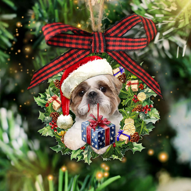 Shih Tzu Christmas Hat Wreath – Cute Dog Lover Wooden Ornament Décor