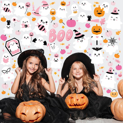 116-Piece Pink Halloween Wall Clings, Cute Ghost Pumpkin Boo Reusable Decals, 6 Sheets