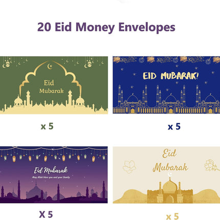 20PCS Eid Mubarak Eidi Envelopes 4 Styles Cash Gift Envelopes for Kids