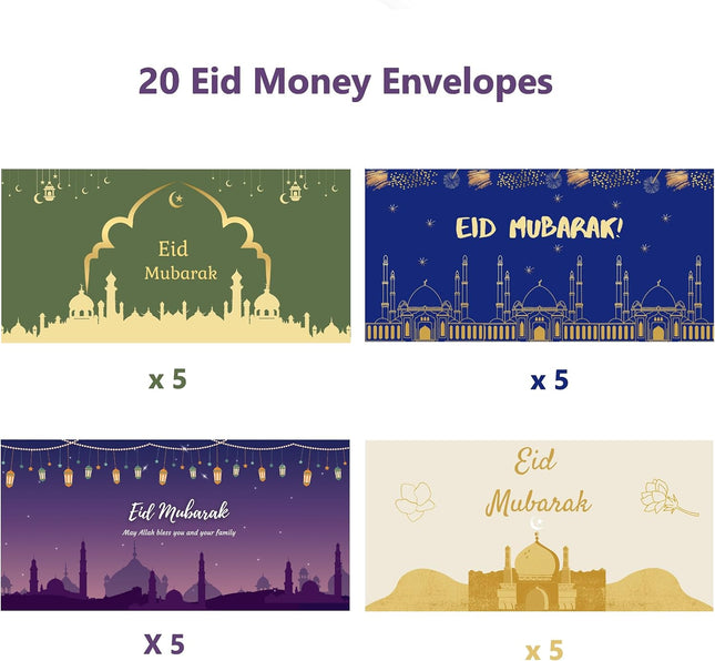 20PCS Eid Mubarak Eidi Envelopes 4 Styles Cash Gift Envelopes for Kids