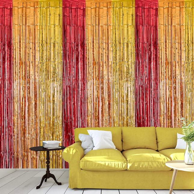 Fall Harvest Photo Backdrop 2 Pack Foil Fringe Curtains Red Gold Orange 3.3x6.6 Ft
