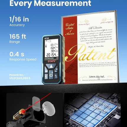 Digital Laser Measuring Tool – 165ft Range, in/Ft/Ft+in/M Units, Electronic Tape
