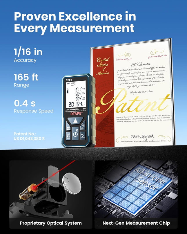 Digital Laser Measuring Tool – 165ft Range, in/Ft/Ft+in/M Units, Electronic Tape