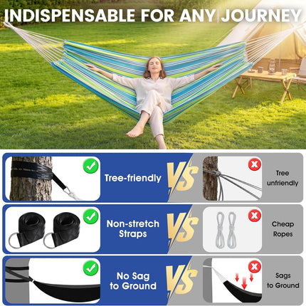 Cotton Camping Hammock 106x59", 420LB Capacity, Portable with Tree Straps & Bag