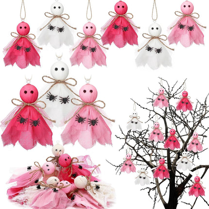 12-Piece Pink & White Ghost Ornaments, Fabric Halloween Tree & Mantel Decorations