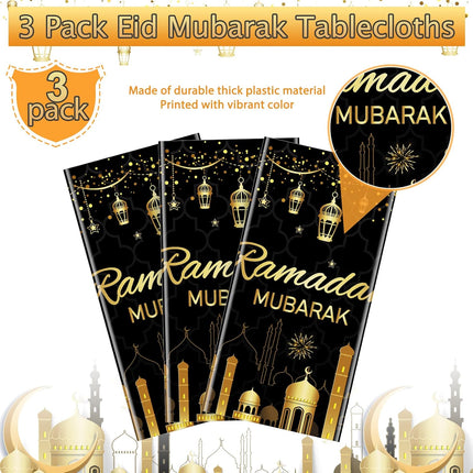 3-Pack Ramadan Plastic Tablecloths – 54x108 Inch Disposable Eid Mubarak Party Decor
