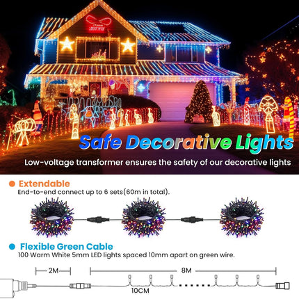 32FT 100 LED Christmas Tree Lights 8 Modes Waterproof Outdoor Fairy Lights