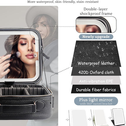 Travel Makeup Bag with Lighted Mirror – Adjustable, Waterproof, Black