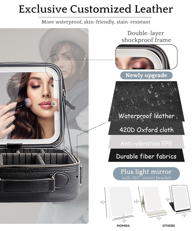 Travel Makeup Bag with Lighted Mirror – Adjustable, Waterproof, Black