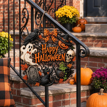 Halloween Wooden Black Cat Pumpkin Wreath, Happy Halloween Front Door & Porch Decor