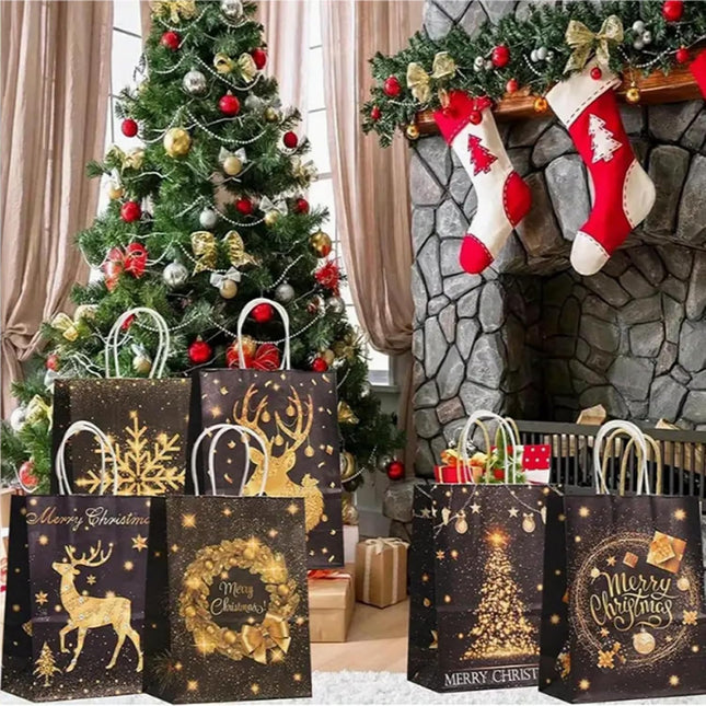 24 Pack Black Gold Christmas Gift Bags – Xmas Treat Bags with Handles